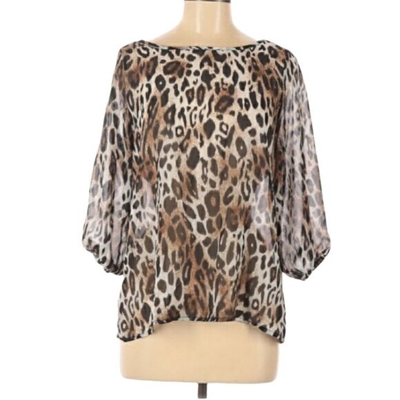 Brenda's Brown & Black Sheer Leopard Pattern 3/4 Sleeve Blouse Women's Medium - Picture 1 of 13